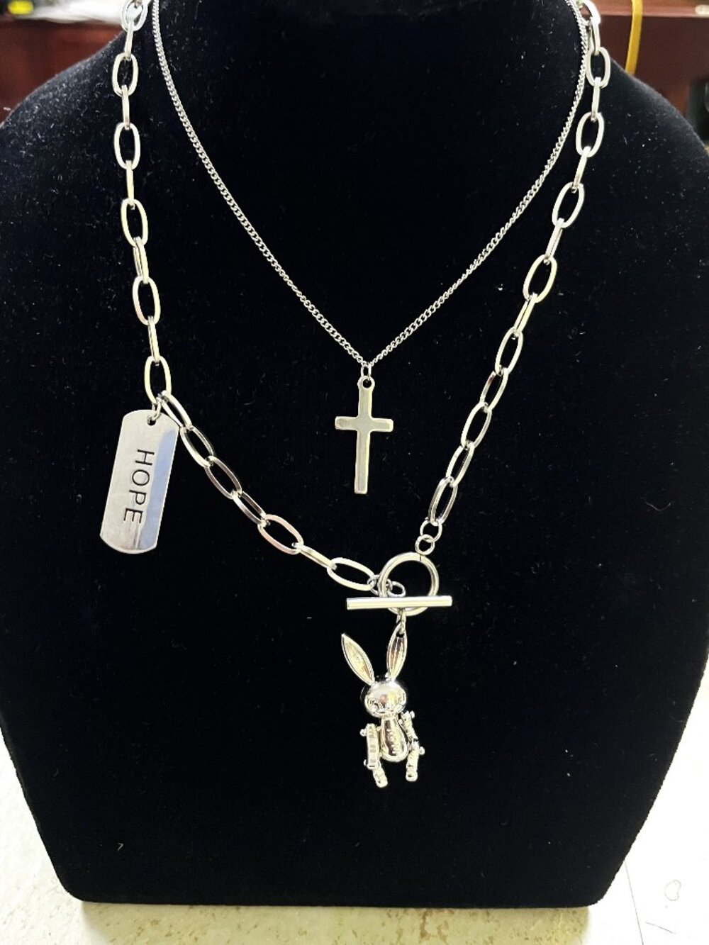NWT SILVER COLORED CROSS HOPE BUNNY NECKLACE